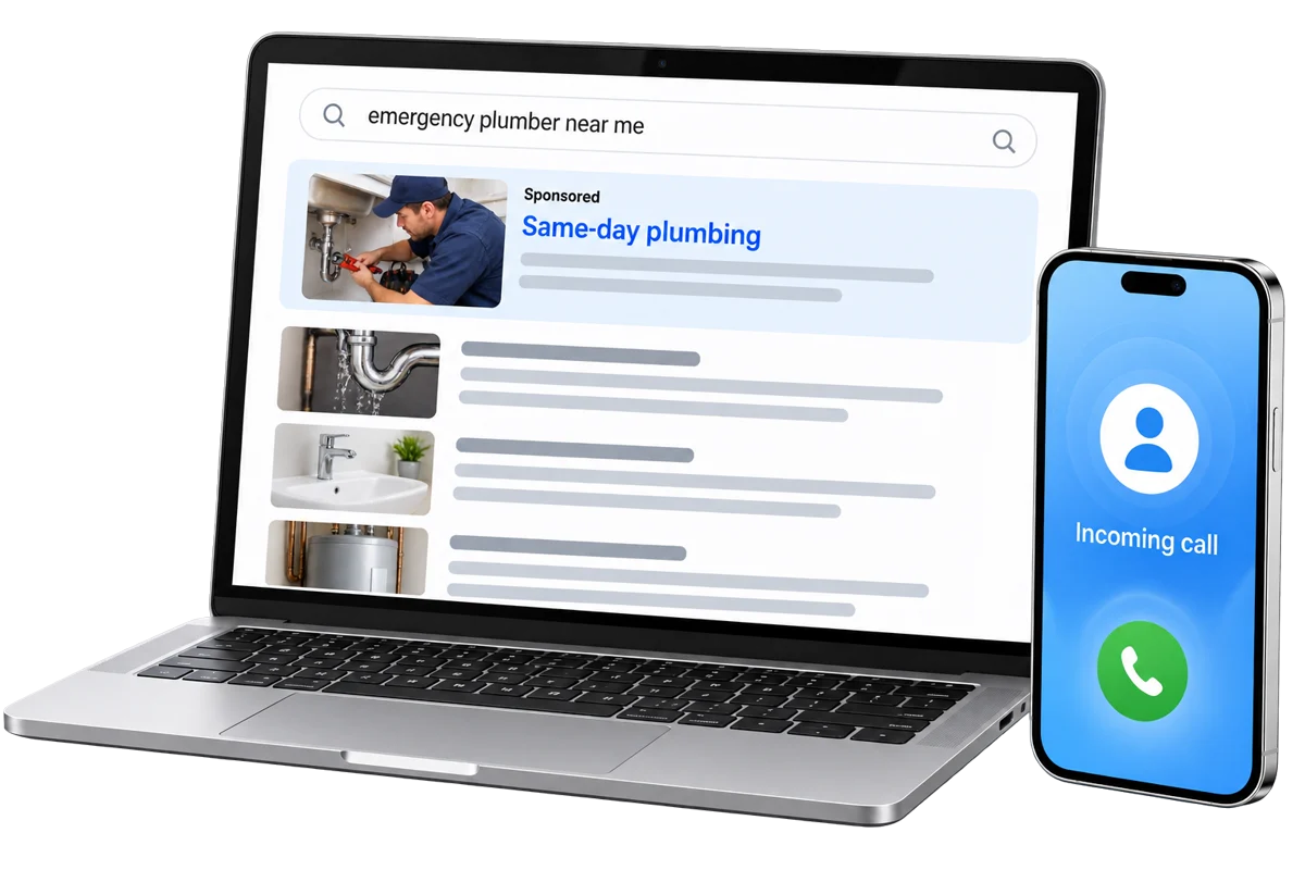 A laptop showing a sponsored search result for Your business and a $600 monthly ad limit