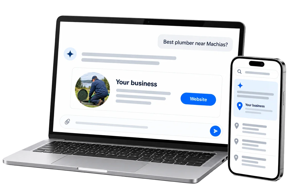 A laptop showing an AI assistant answering "Best plumber near Machias?" with Your business, and a phone showing Your business in an AI answer