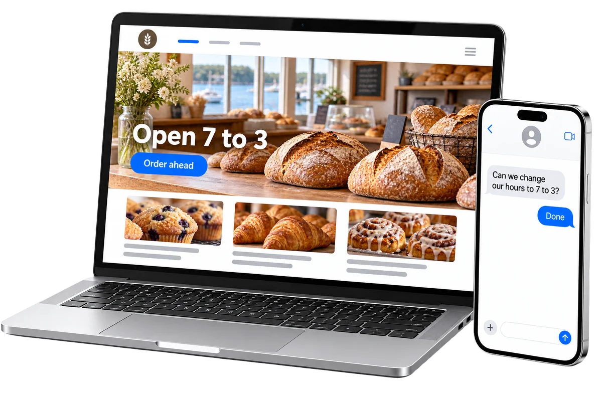 A laptop showing a bakery website with new hours, and a phone text conversation asking to change the hours