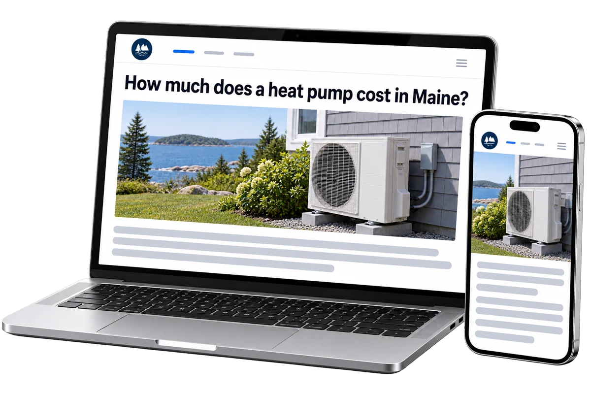 A tablet showing an article titled How much does a heat pump cost in Maine?