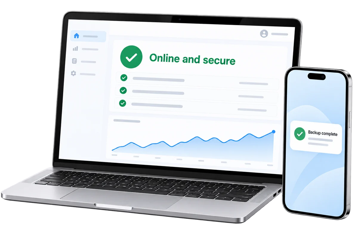 A laptop comparing basic hosting at $30 a month with managed hosting at $60 a month