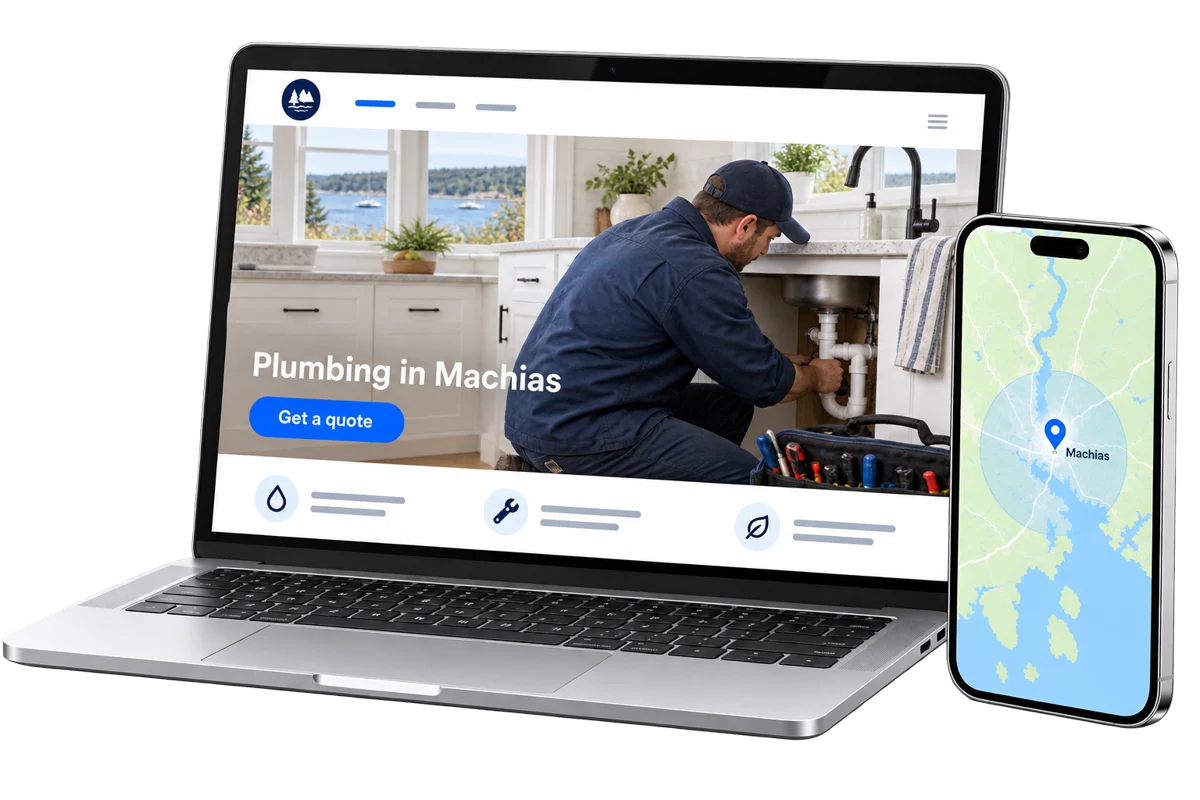 A phone showing local search results for "plumber machias" with Your business listed first