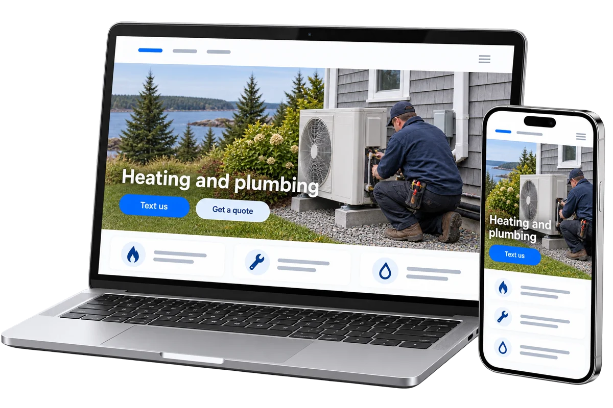 A phone showing a simple plumbing website with Text us and Get a quote buttons